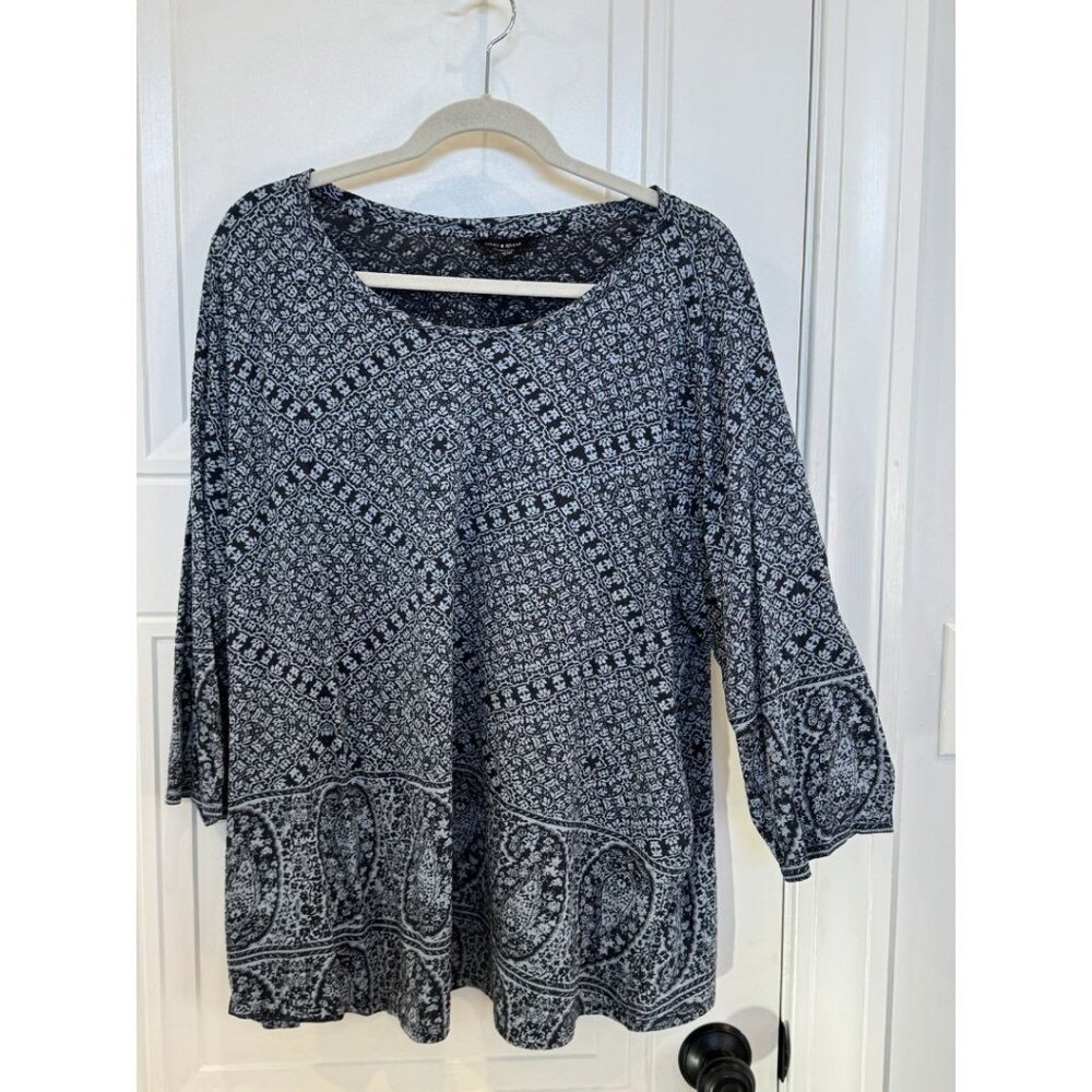 Lucky Brand 3xl 3/4 Length Sleeve Scoop Neck T-Shirt EUC Blue Boho Paisley